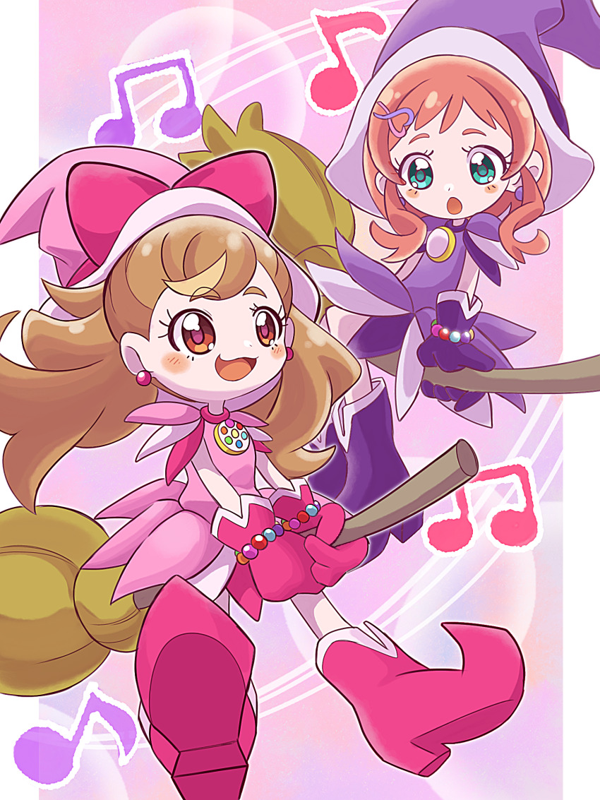 2girls, :d, :o, alternate_hairstyle, aqua_eyes, bead_bracelet, beads, beamed_eighth_notes