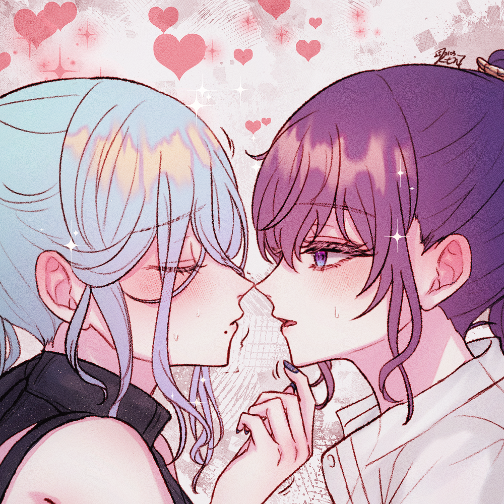 2girls, asahina_mafuyu, bare_shoulders, black_nails, black_sweater, blue_hair, blush, buttons