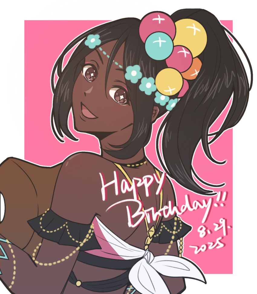 1girl, :d, back, black_hair, border, dark-skinned_female, dark_skin, dated, fire_emblem, fire_emblem_engage, food, from_behind, fumiko_(290976767), hair_between_eyes, hair_ornament, happy_birthday, highres, looking_at_viewer, meat, nintendo, open_mouth, outside_border, pink_background, ponytail, smile, solo, star-shaped_pupils, star_(symbol), symbol-shaped_pupils, timerra_(fire_emblem), white_border