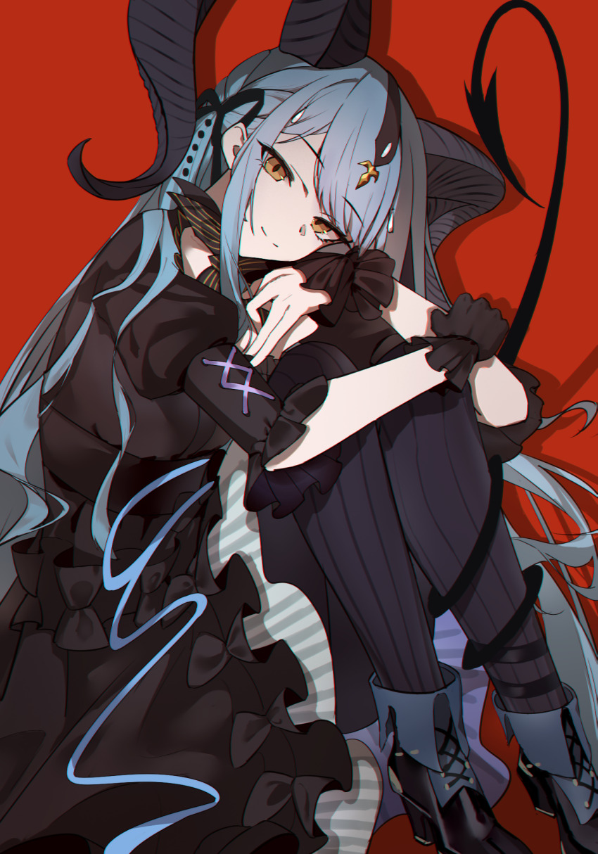 1girl, arknights, bang_dream!, bang_dream!_it's_mygo!!!!!, black_dress, black_gloves, black_horns, black_ribbon