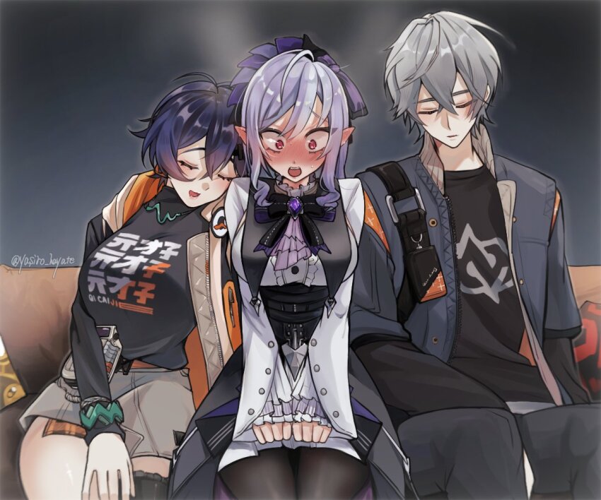 1boy, 2girls, belle_(zenless_zone_zero), black_shirt, blue_hair, blush, breasts, brother_and_sister