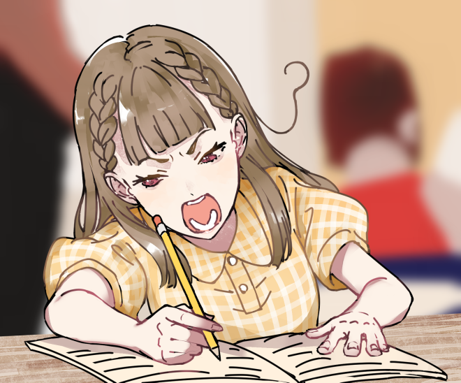 1girl, braid, brown_hair, center-flap_bangs, collared_shirt, commentary, gingham_shirt, holding