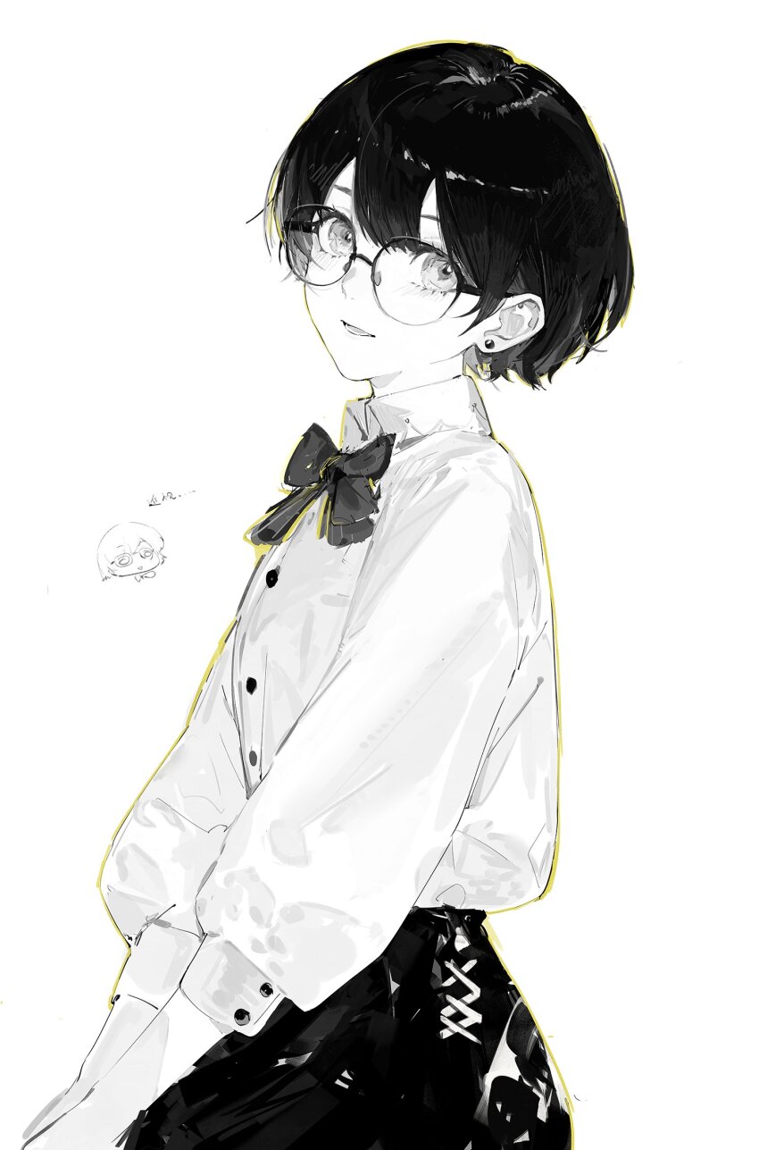 1girl, blush, bow, bowtie, doveop, earrings, eyelashes, glasses