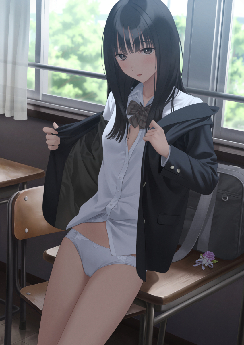 1girl, bag, black_hair, black_jacket, blazer, bow, bow_panties, bowtie