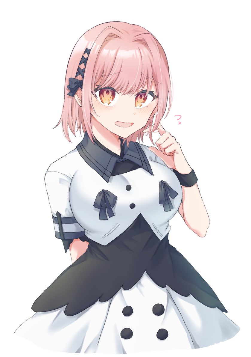 1girl, ?, aramine_ishu, arm_behind_back, breasts, dress, hair_intakes, hair_ribbon, large_breasts, nue_no_onmyouji, open_mouth, orange_eyes, pink_hair, ribbon, short_hair, solo, twirling_hair, zundaa