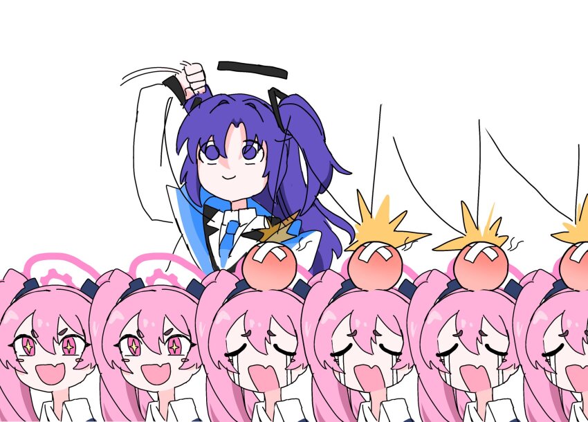 2girls, blue_archive, blue_archive_2025_hack, blue_necktie, collared_shirt, cross-shaped_pupils, crying, dr_yamero