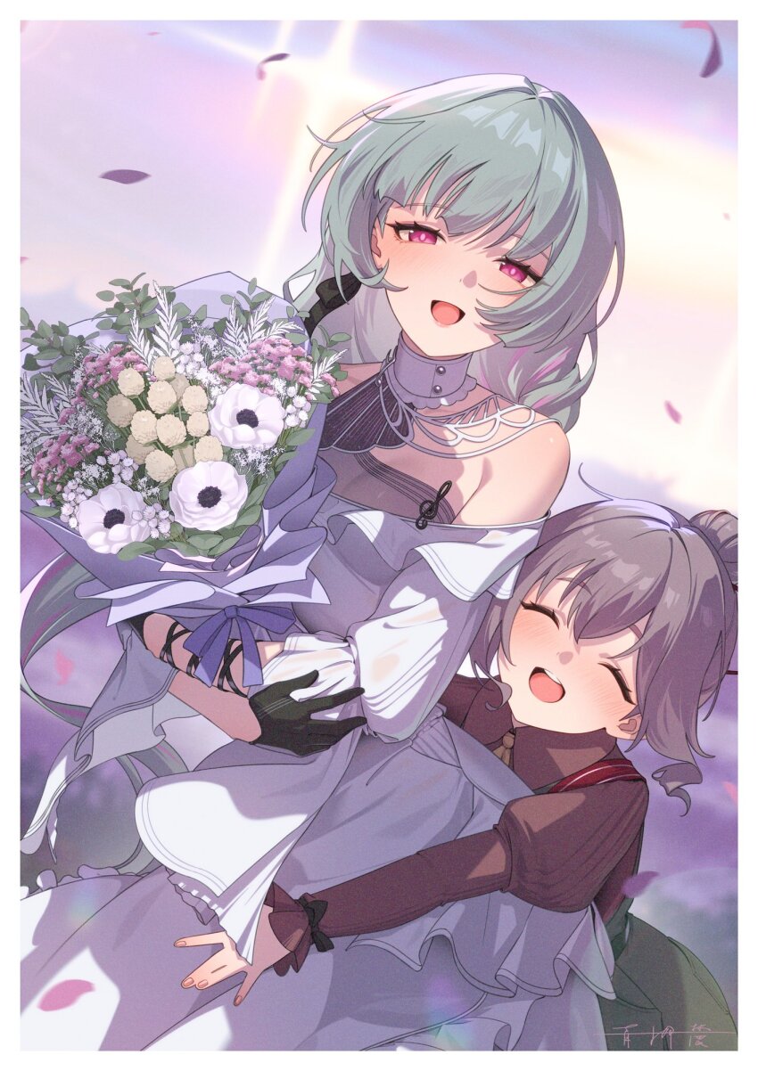 2girls, bare_shoulders, black_gloves, border, bouquet, breasts, closed_eyes, commentary
