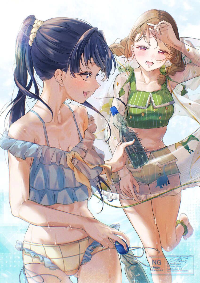 2girls, :d, absurdres, bare_shoulders, barefoot, bikini, blue_bikini, blue_eyes, blue_hair, bottle, braid, breasts, brown_hair, cleavage, comiket_106, commentary_request, cowboy_shot, dollchestra, frilled_bikini, frilled_innertube, frills, green_bikini, hair_ornament, hair_scrunchie, high_ponytail, highres, holding, holding_bottle, innertube, jacket, jacket_over_swimsuit, kachimachi_kosuzu, kachimachi_kosuzu_(c106_swimsuit), kuzia_(atarayo), leg_up, long_hair, low_twin_braids, mismatched_bikini, multiple_girls, murano_sayaka, murano_sayaka_(c106_swimsuit), off-shoulder_bikini, off_shoulder, official_alternate_costume, open_clothes, open_jacket, open_mouth, pink_eyes, pinstripe_bikini, ponytail, ramune, scrunchie, see-through_clothes, see-through_jacket, signature, small_breasts, smile, swim_ring, swimsuit, toes, transparent_innertube, twin_braids, twitter_username, watermark, white_scrunchie, yellow_bikini