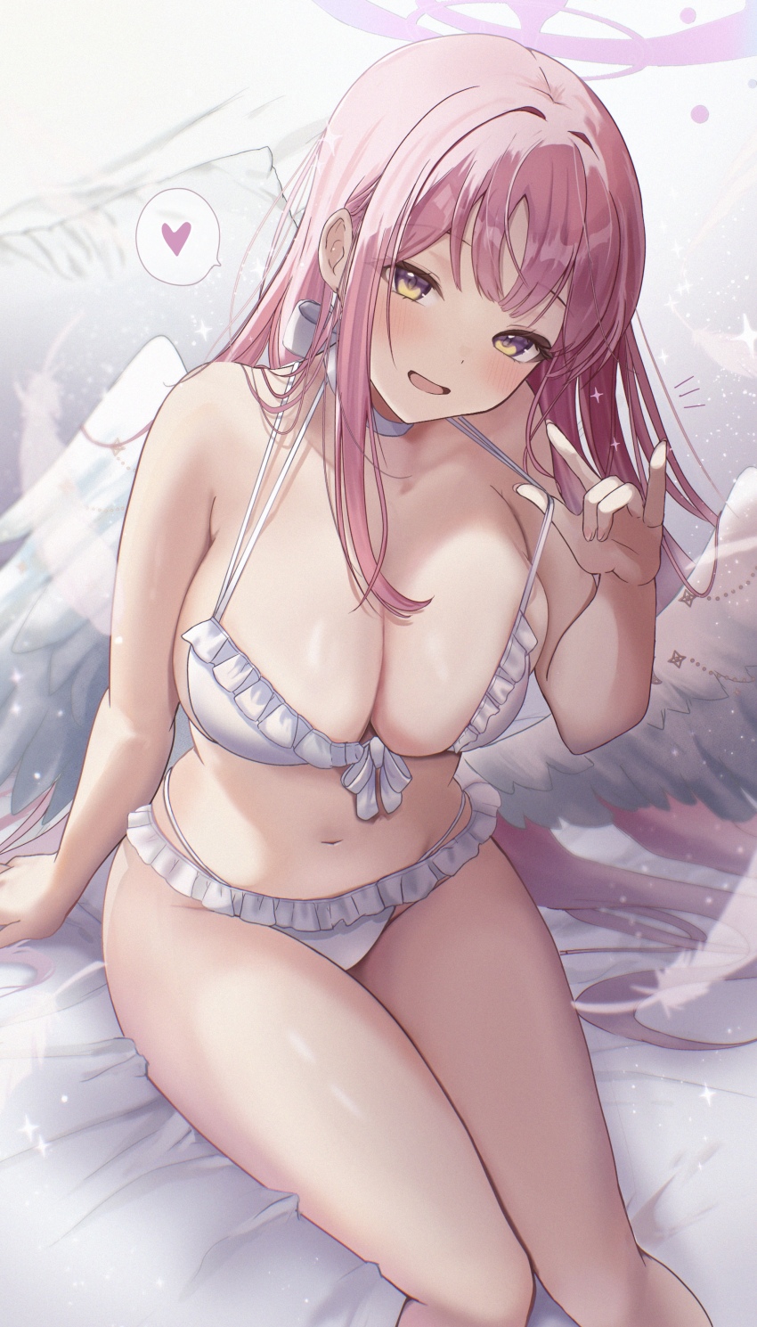 1girl, \m/, absurdres, bare_legs, bed_sheet, bikini, blue_archive, blush