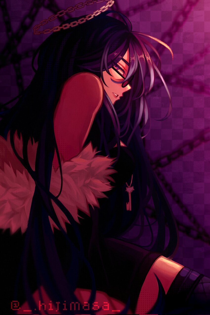 1girl, artist_name, bare_shoulders, black_coat, black_dress, black_thighhighs, breasts, chain