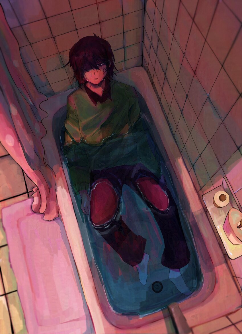 1other, alternate_skin_color, bath, bathroom, bathtub, brown_hair, collared_shirt, deltarune