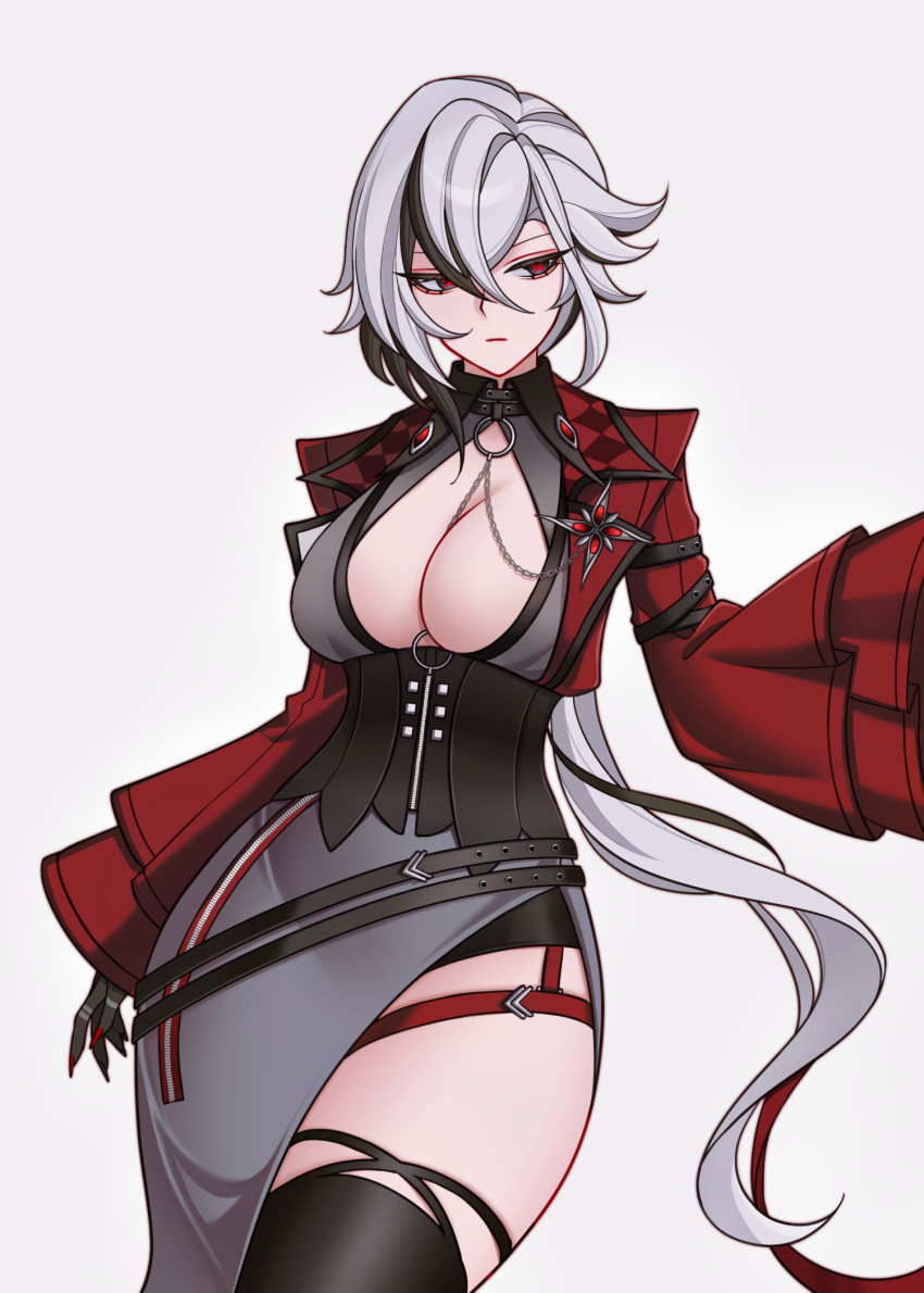 1girl, alternate_costume, arlecchino_(genshin_impact), arlecchino_(live_actually)_(genshin_impact), between_breasts, black_corset, black_eyes, black_hair