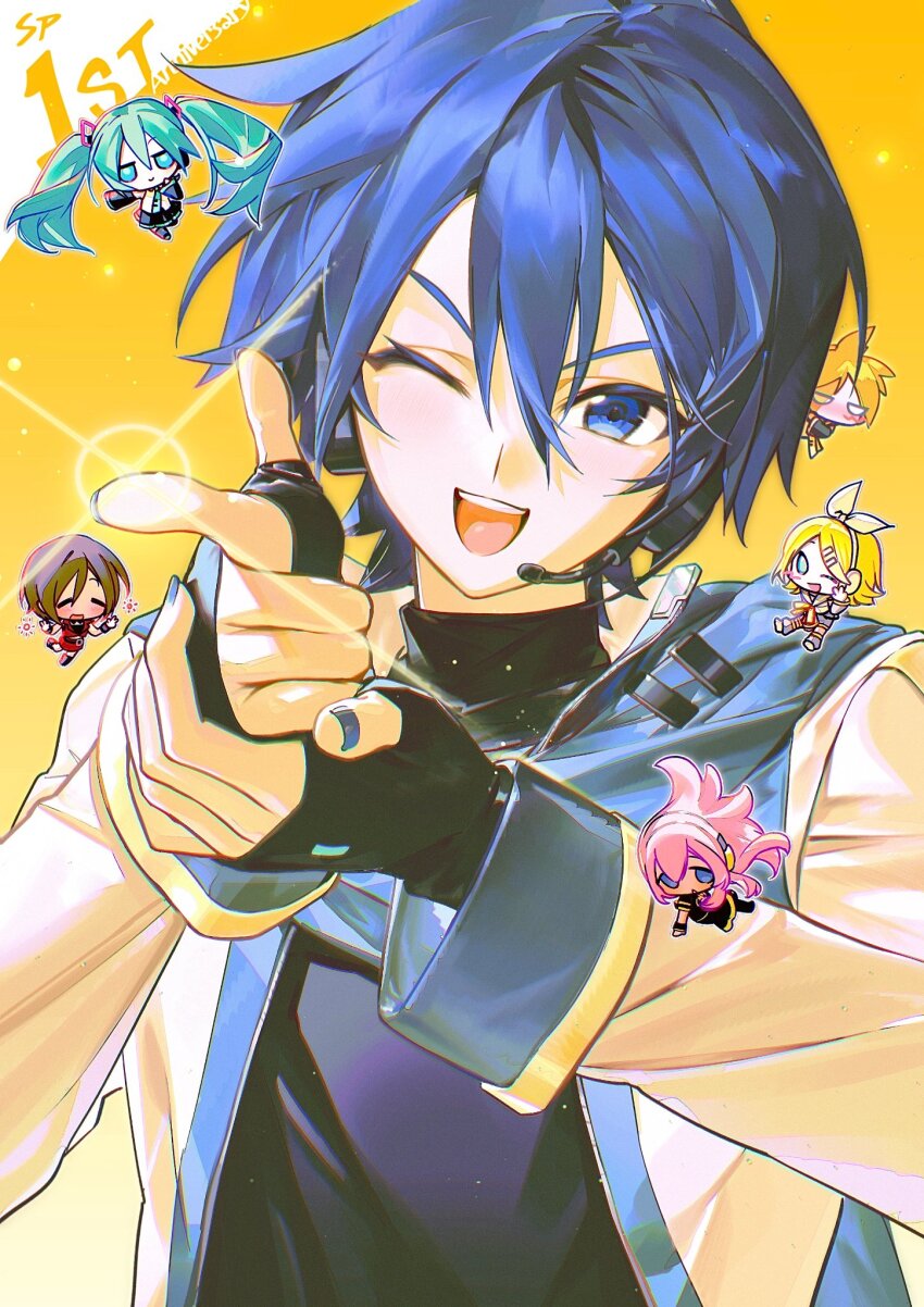 2boys, aqua_hair, beret_cj, blonde_hair, blue_eyes, blue_hair, blue_nails, blue_scarf