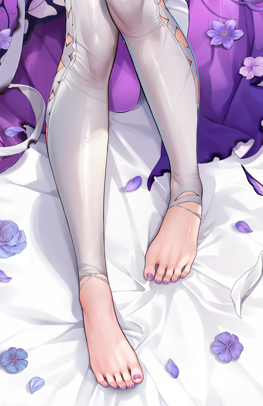 1girl, barefoot, bed, bed_sheet, castorice_(honkai:_star_rail), commentary_request, feet, flower