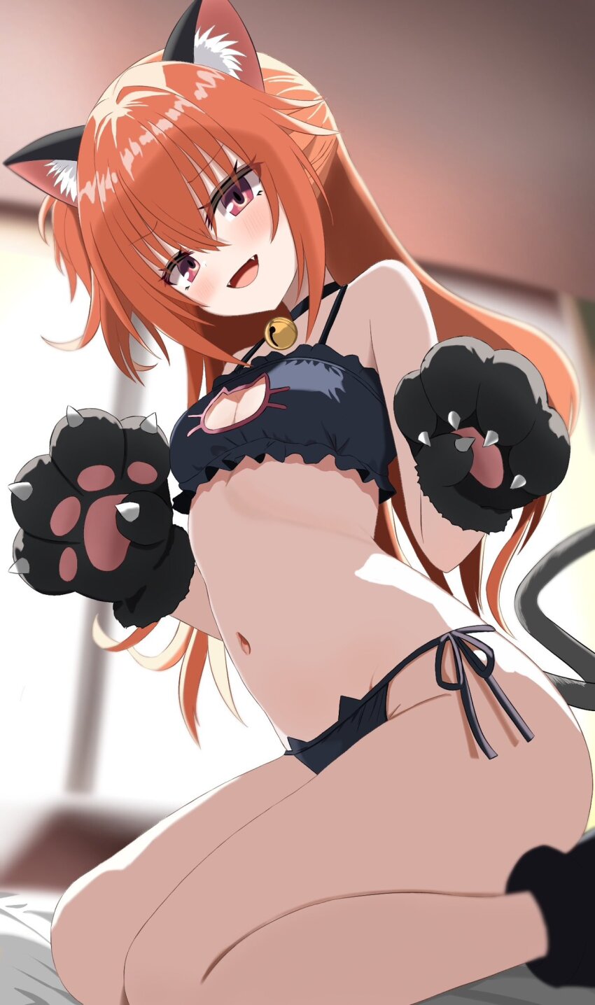 1girl, :d, alternate_costume, animal_ear_fluff, animal_ears, animal_hands, backlighting, bare_shoulders, bell, belt, black_belt, black_choker, black_panties, blurry, blurry_background, blush, bra, breasts, cat_cutout, cat_ears, cat_lingerie, cat_tail, chinoha_usagi, choker, cleavage, cleavage_cutout, clothing_cutout, commentary, eyelashes, eyes_visible_through_hair, fake_animal_ears, fake_tail, fangs, foot_out_of_frame, frilled_bra, frills, gloves, groin, hair_between_eyes, hair_intakes, half_updo, hands_up, highres, inaba_meguru, indoors, jingle_bell, long_hair, looking_at_viewer, naughty_face, navel, neck_bell, one_side_up, open_mouth, orange_hair, panties, paw_gloves, paw_print, red_eyes, sanoba_witch, side-tie_panties, sidelocks, sitting, small_breasts, smile, smug, solo, stomach, tail, thighs, tsurime, underwear, v-shaped_eyebrows, w_arms, wariza