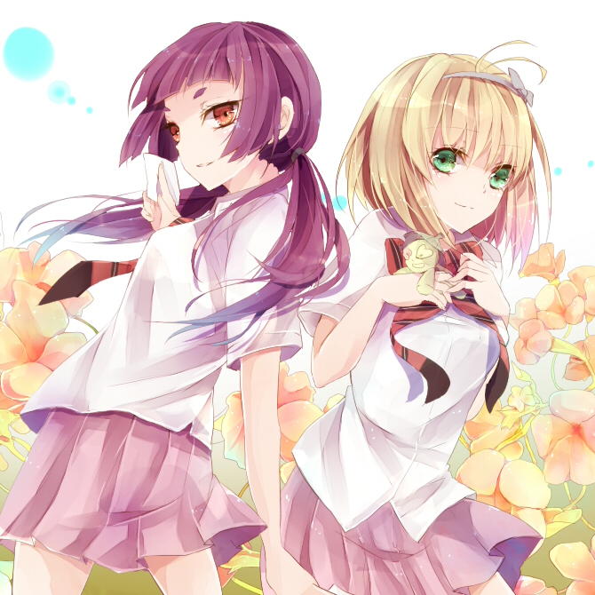 2girls, ao_no_exorcist, bad_id, bad_pixiv_id, blonde_hair, bow, flower, green_eyes