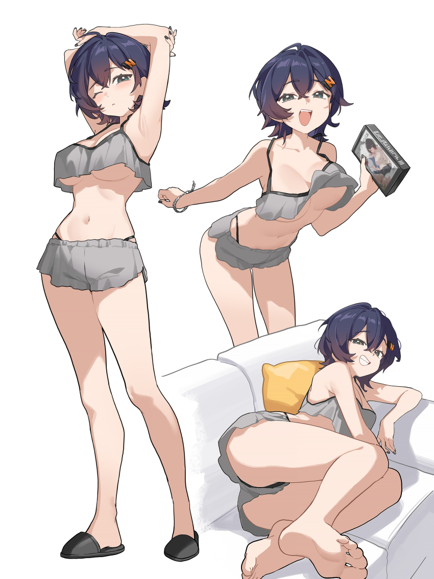 1girl, absurdres, armpits, arms_behind_head, arms_up, ass, bare_legs, bare_shoulders, barefoot, belle_(zenless_zone_zero), black_panties, blue_hair, box, breasts, commentary, couch, crop_top, crop_top_overhang, ellen_joe, feet, full_body, green_eyes, grey_shirt, grey_shorts, grin, hair_ornament, hairclip, highres, holding, holding_box, large_breasts, leaning_forward, looking_at_viewer, lying, medium_hair, midori_fufu, midriff, multiple_views, navel, on_couch, on_side, one_eye_closed, open_mouth, panties, panty_peek, shirt, short_shorts, shorts, simple_background, sleeveless, sleeveless_shirt, slippers, smile, soles, standing, stomach, stretching, thighs, toes, underboob, underwear, white_background, zenless_zone_zero