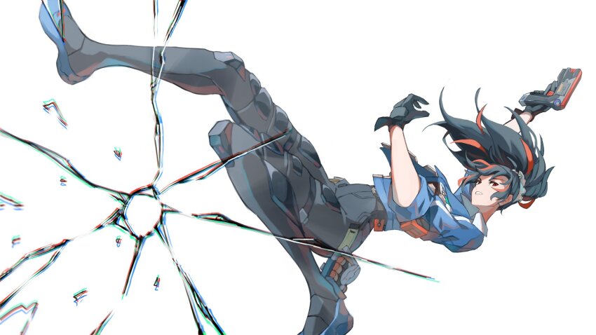 1girl, ammunition, black_gloves, blue_jacket, cracked_screen, gloves, gun, hairband