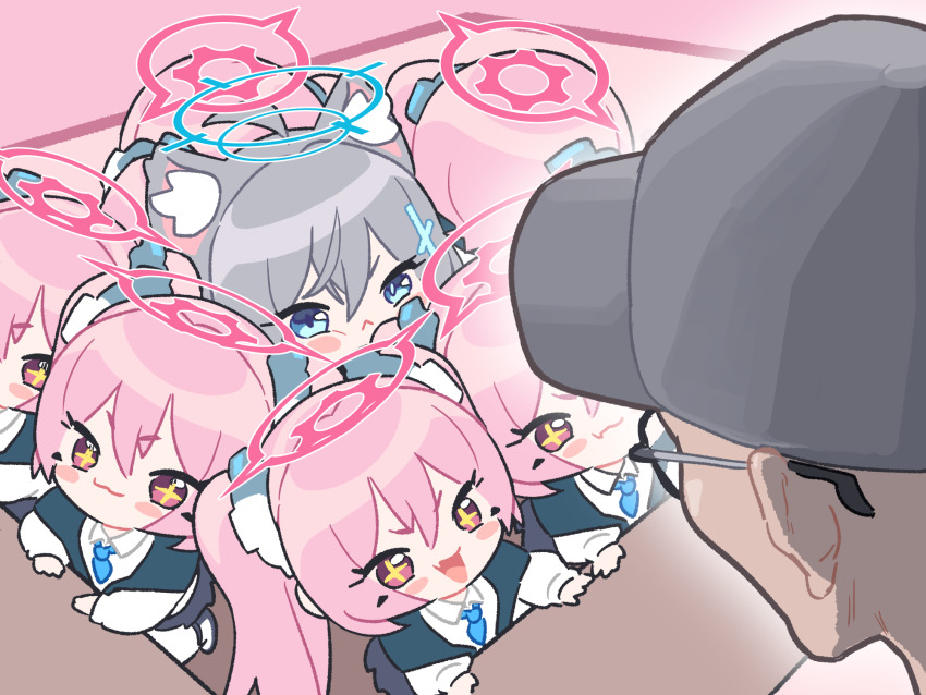 1boy, 2girls, :<, :3, animal_ear_fluff, animal_ears, blue_archive, blue_archive_2025_hack