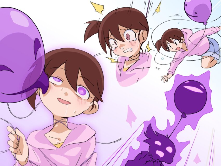 1girl, animate_object, balloon, blue_shorts, blush, brown_eyes, clenched_teeth, dashed_eyes