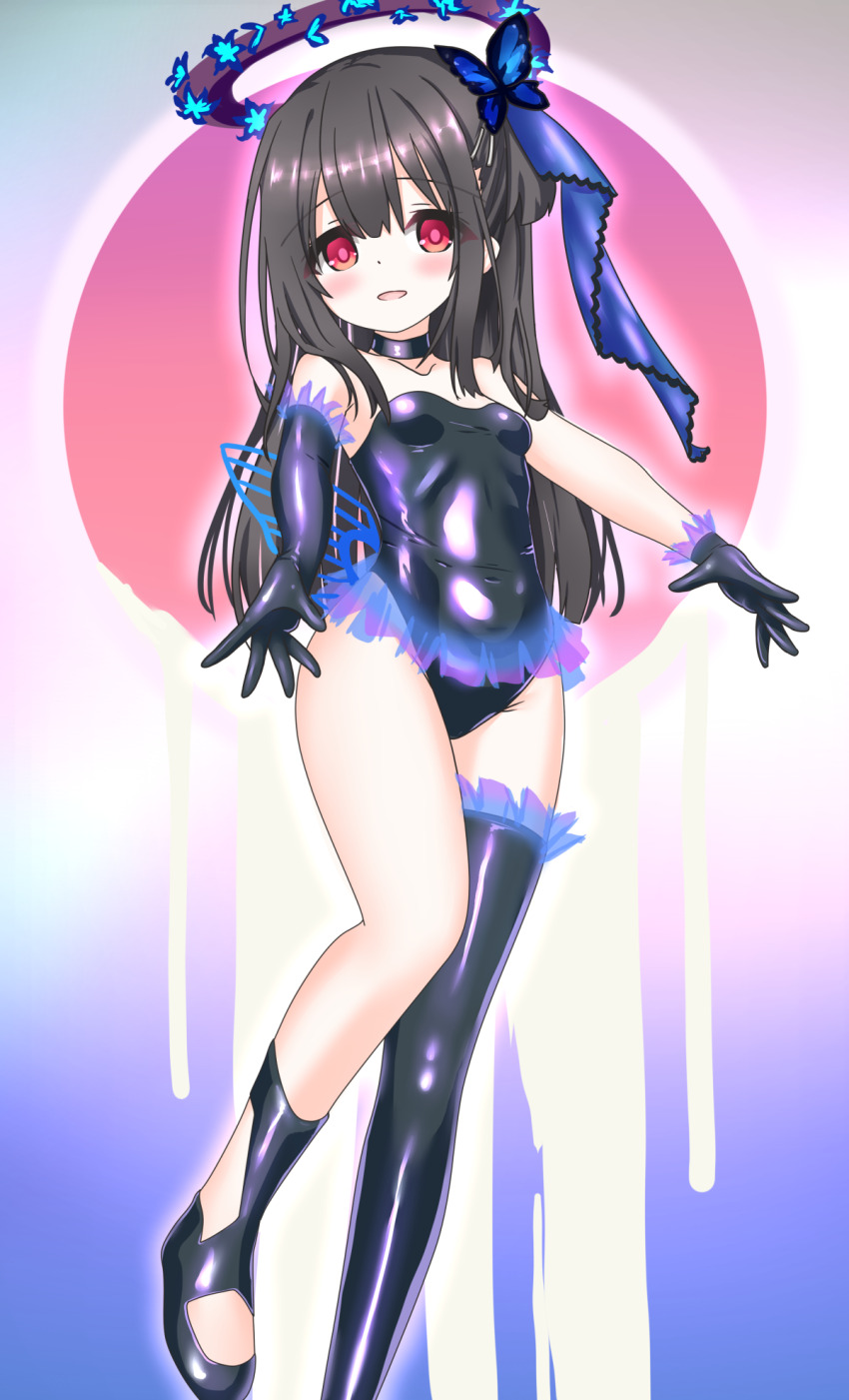 1girl, asymmetrical_gloves, bare_shoulders, black_gloves, black_hair, black_leotard, black_thighhighs, blush