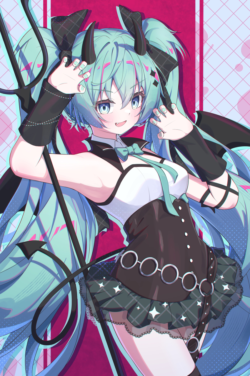 1girl, absurdres, aqua_bow, aqua_bowtie, aqua_eyes, aqua_hair, aqua_nails, arm_up