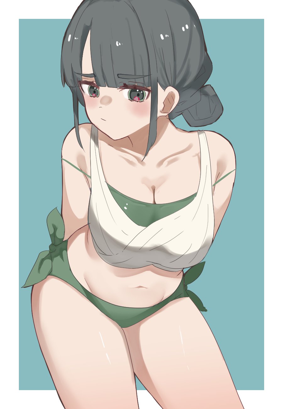 1girl, arms_behind_back, bare_shoulders, bent_over, bikini, black_hair, blue_background, border