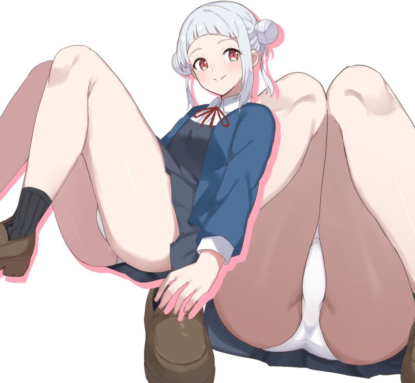 1girl, arashi_chisato, ass, black_socks, blue_jacket, brown_shoes, closed_mouth, collared_shirt