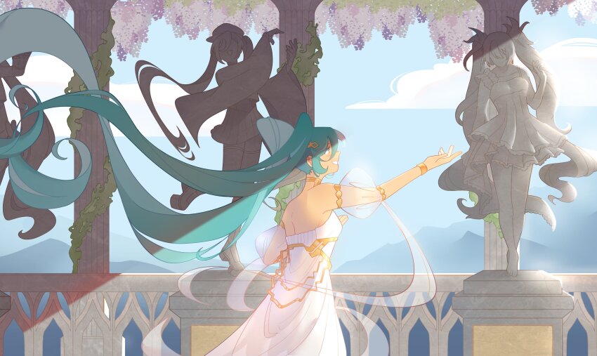 1girl, absurdres, aqua_eyes, aqua_hair, blue_sky, breasts, cloud, commentary