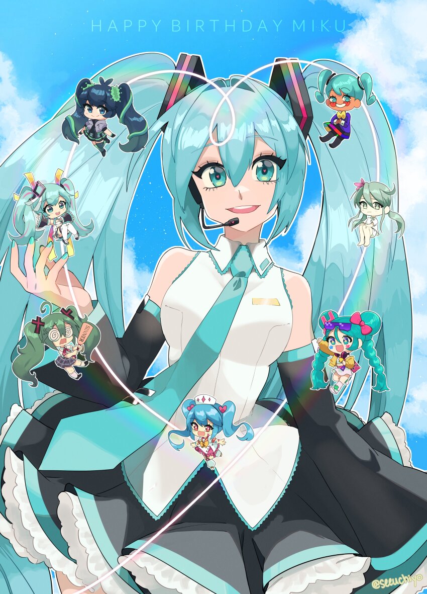 1girl, absurdres, ahoge, aqua_eyes, aqua_hair, aqua_nails, aqua_necktie, black_skirt