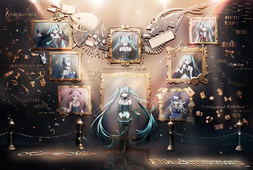 1girl, absurdres, anniversary, aqua_eyes, aqua_hair, aqua_necktie, arm_tattoo, black_shoes, black_skirt, black_sleeves, blue_dress, blue_hair, blue_hat, cherry_hair_ornament, collared_shirt, commentary, detached_sleeves, dress, food-themed_hair_ornament, full_body, gloves, glowing, grey_shirt, hair_ornament, hat, hatsune_miku, hatsune_miku_expo, hatsune_miku_happy_16th_birthday_-dear_creators-, highres, long_hair, long_sleeves, magical_mirai_(vocaloid), magical_mirai_miku, magical_mirai_miku_(2013), masii1120, microphone, miku_symphony_(vocaloid), multiple_persona, necktie, number_tattoo, outstretched_arm, pink_hair, pink_necktie, pink_sleeves, pleated_skirt, profile, rabbit_yukine, reflection, sakura_miku, scarf, shirt, shoes, skirt, sleeveless, sleeveless_shirt, tattoo, tie_clip, timestamp, top_hat, twintails, very_long_hair, vocaloid, white_gloves, white_scarf, yuki_miku, yuki_miku_(2011)