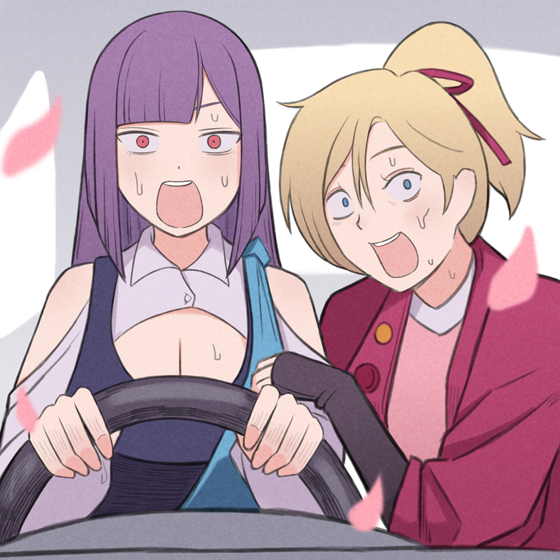 2girls, blonde_hair, blue_eyes, breasts, car, chainsaw_man, cleavage, commentary, constricted_pupils, driving, elle_vianno, gundam, gundam_zz, high_ponytail, holding_detached_steering_wheel, horrified, jaw_drop, konishiki_(52siki), long_hair, looking_at_viewer, medium_breasts, meme, motor_vehicle, multiple_girls, nervous_sweating, open_mouth, petals, ponytail, power_crashes_kobeni's_car_(meme), purple_hair, red_eyes, roux_louka, simple_background, sweat, untranslatable_commentary
