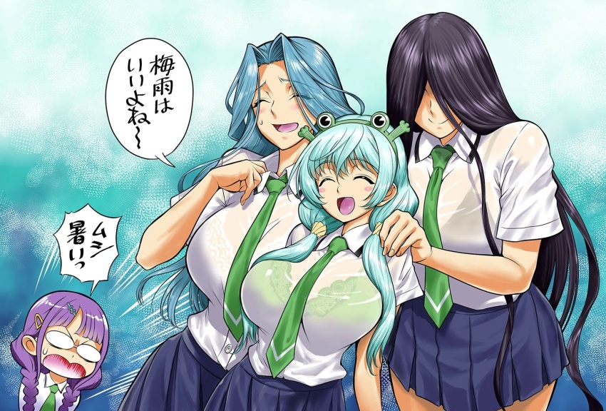 4girls, :o, amanaki_ui, animal_hairband, aqua_eyes, bare_legs, black_hair, blue_hair