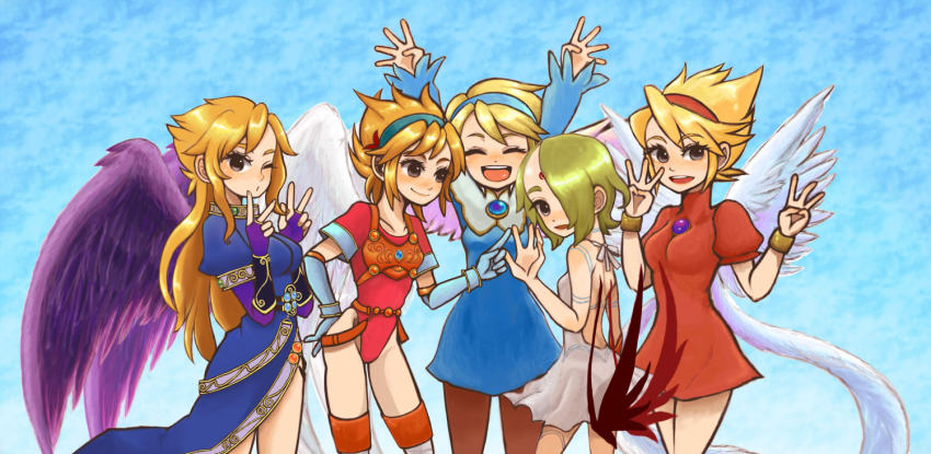 5girls, :d, :o, angel_wings, armor, black_wings, blonde_hair, boots, breath_of_fire, breath_of_fire_i, breath_of_fire_ii, breath_of_fire_iii, breath_of_fire_iv, breath_of_fire_v, bridal_gauntlets, brown_legwear, capcom, dress, elbow_gloves, closed_eyes, facial_mark, forehead_mark, gloves, grey_eyes, hair_over_one_eye, hairband, hota_(29812), leotard, long_hair, multiple_girls, nina_(breath_of_fire_i), nina_(breath_of_fire_ii), nina_(breath_of_fire_iii), nina_(breath_of_fire_iv), nina_(breath_of_fire_v), one_eye_closed, open_mouth, pantyhose, red_wings, short_hair, side_slit, smile, thigh_boots, thighhighs, v, white_wings, wings, wink