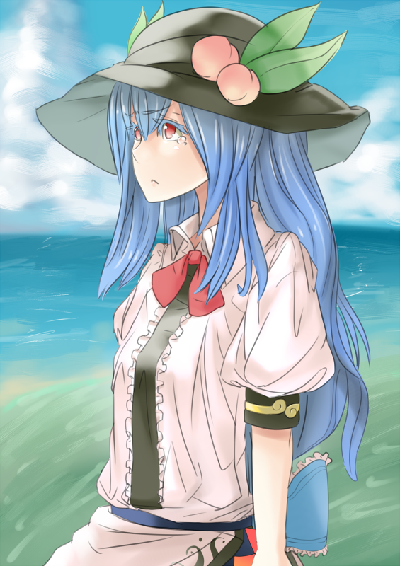 1girl, bad_id, bad_pixiv_id, blue_hair, bow, cloud, day, dress, female_focus, food, fruit, hat, hinanawi_tenshi, kaw, long_hair, ocean, peach, red_eyes, ribbon, solo, tears, touhou, upper_body, water