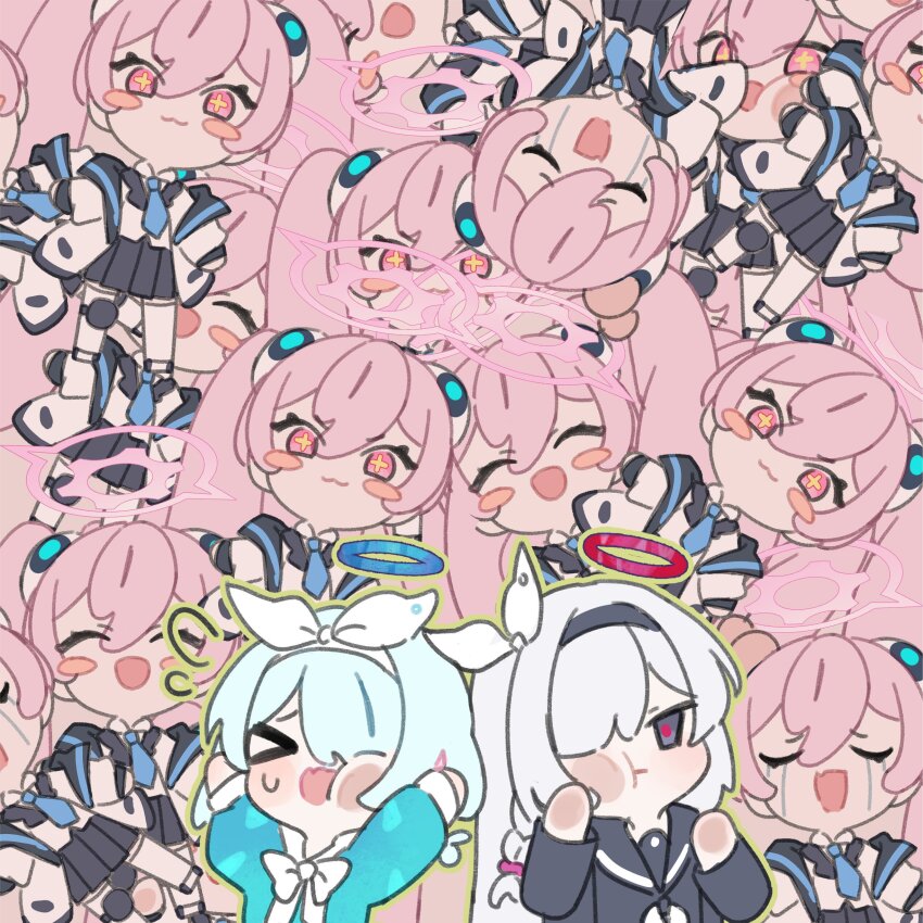 6+girls, absurdres, arona_(blue_archive), black_eyes, black_hairband, blue_archive, blue_archive_2025_hack, blue_eyes, blue_hair, braid, colored_inner_hair, commentary, crying, hair_over_one_eye, hairband, halo, highres, koyuki_(blue_archive), long_hair, long_sleeves, looking_at_viewer, may.l, multicolored_hair, multiple_girls, open_mouth, pink_eyes, pink_hair, plana_(blue_archive), red_halo, sailor_collar, school_uniform, short_hair, single_braid, smile, twintails, very_long_hair, white_hairband