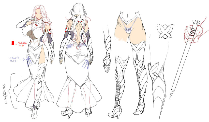 1girl, armored_boots, ass, boots, breasts, breasts_squeezed_together, covered_navel, curvy, full_body, hand_in_own_hair, hazamada_kirino, highres, holding, holding_sword, holding_weapon, huge_ass, large_breasts, lilith-soft, long_hair, looking_at_viewer, monochrome, multiple_views, open_mouth, reference_sheet, solo, sword, taimanin_(series), taimanin_rpgx, taimanin_suit, thong, translation_request, turnaround, weapon, wide_hips, zol