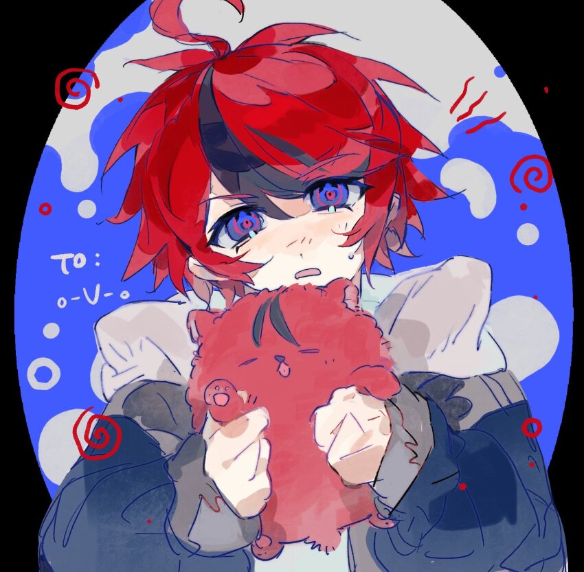 1boy, ahoge, animal, animalization, black_background, black_jacket, black_streaks, blue_background