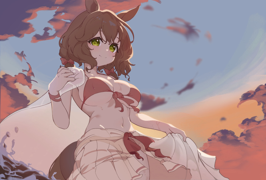1girl, absurdres, animal_ears, aston_machan_(umamusume), bikini, breasts, brown_hair, cape, closed_mouth, green_eyes, hair_between_eyes, highres, horse_ears, horse_girl, horse_tail, large_breasts, long_hair, looking_at_viewer, low_twintails, modi, pink_bikini, sarong, sidelocks, smile, solo, swimsuit, tail, twintails, umamusume, white_cape, white_sarong