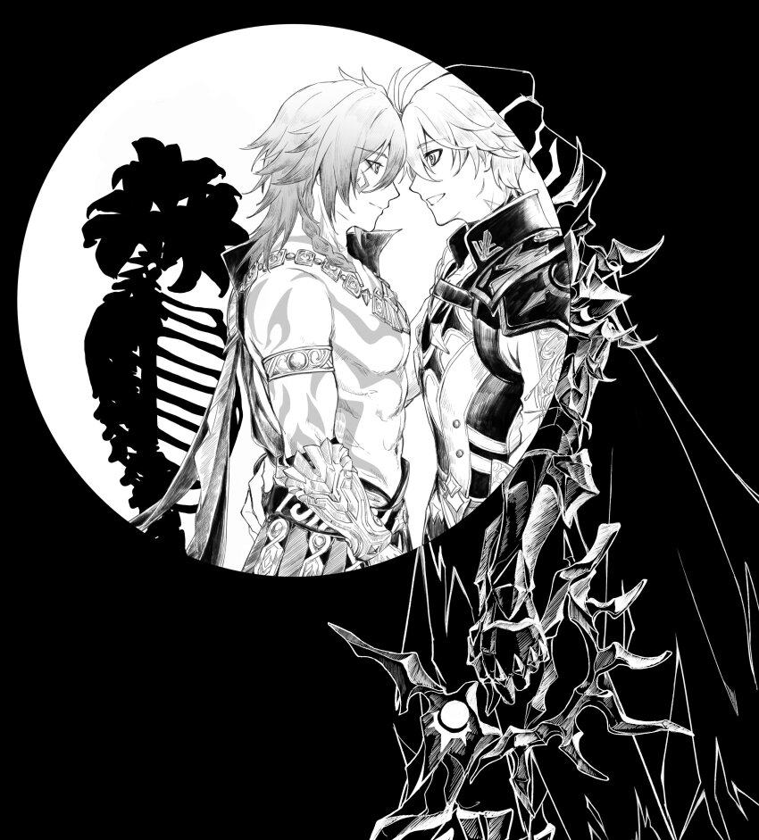 2boys, absurdres, antenna_hair, arm_tattoo, armlet, black_cloak, black_coat, black_shirt