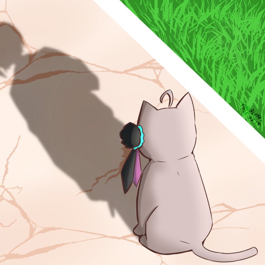 animal, cat_shadow_puppet_(meme), different_shadow, flower, hair_flower, hair_ornament, heaven_burns_red, highres, meme, minase_sumomo, outdoors, rose, yoorie19