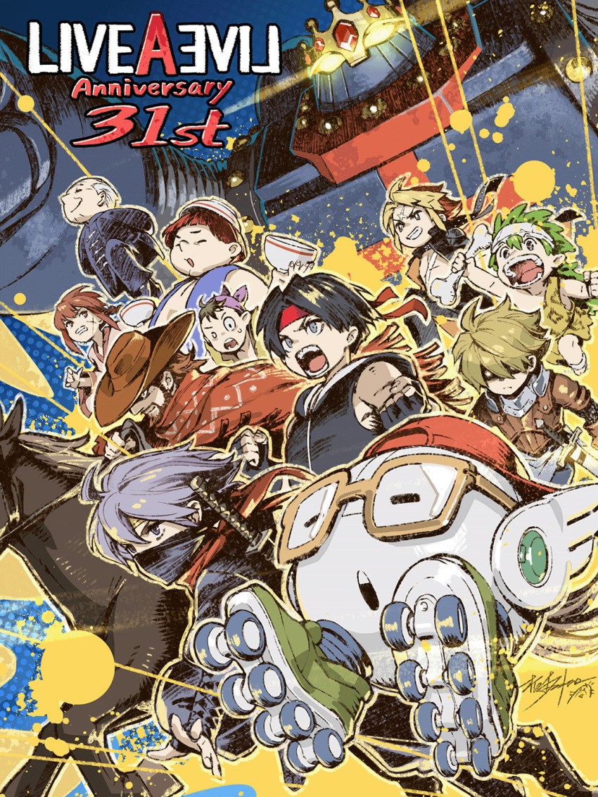 1girl, 6+boys, anniversary, backwards_hat, bandana, beard, black_hair, blonde_hair