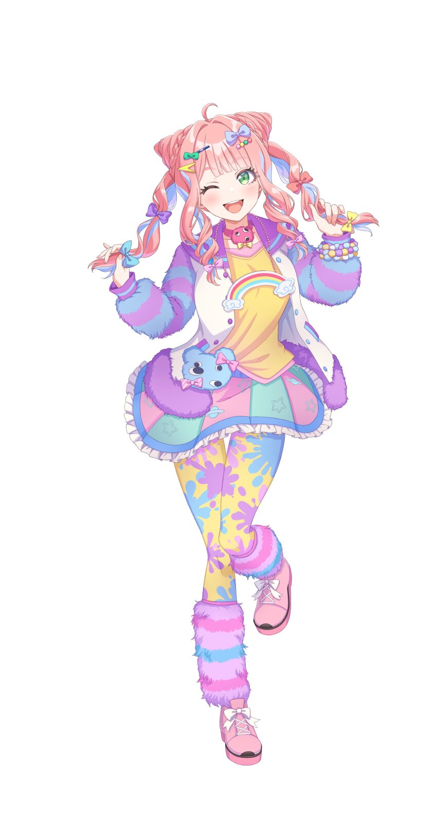 1girl, absurdres, ahoge, aqua_bow, artist_request, blue_bow, blue_hair, bow, braid, bun_with_braided_base, choker, curly_hair, double_bun, footwear_bow, frilled_skirt, frills, full_body, grabbing_own_hair, green_eyes, hair_bow, hair_bun, hair_ornament, hairclip, hairpin, highres, holding, holding_own_hair, jacket, laugh_diamond, multicolored_hair, multicolored_jacket, multicolored_pantyhose, multicolored_skirt, official_art, one_eye_closed, open_mouth, pink_bow, pink_hair, pink_shoes, red_bow, shine_post, shirt, shoes, sidelocks, simple_background, skirt, solo, standing, standing_on_one_leg, teeth, twintails, upper_teeth_only, white_background, white_bow, yamada_kanon, yellow_bow, yellow_shirt