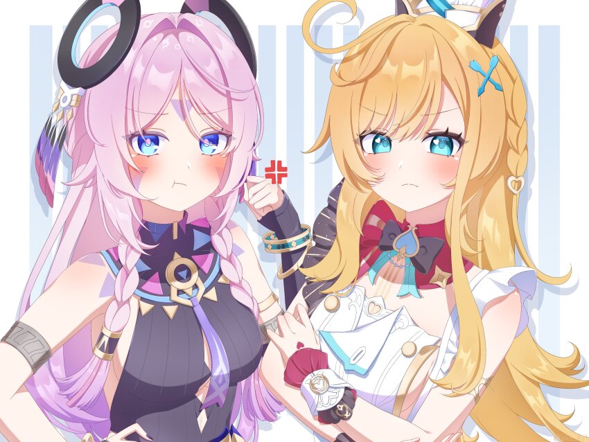 2girls, :t, ahoge, anger_vein, bare_shoulders, black_bow, black_bowtie, black_gloves