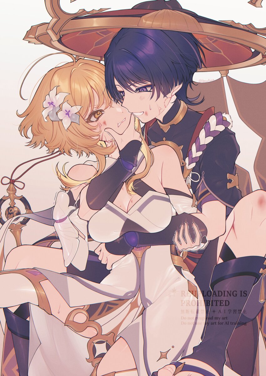 1boy, 1girl, absurdres, ahoge, amano_hotaru_(hotaama), anger_vein, annoyed, arm_under_breasts