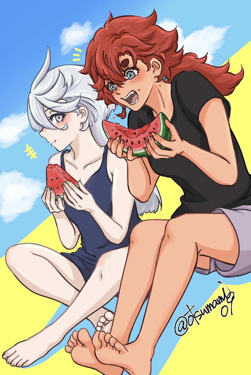 2girls, absurdres, barefoot, black_shirt, black_tank_top, blue_eyes, blue_sky, cloud