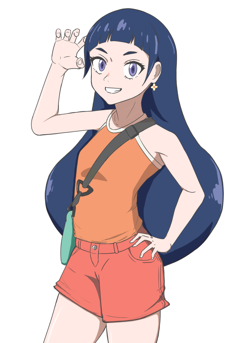 1girl, ayukawa_hana, big_hair, blue_eyes, breasts, commentary_request, earrings, flower_earrings