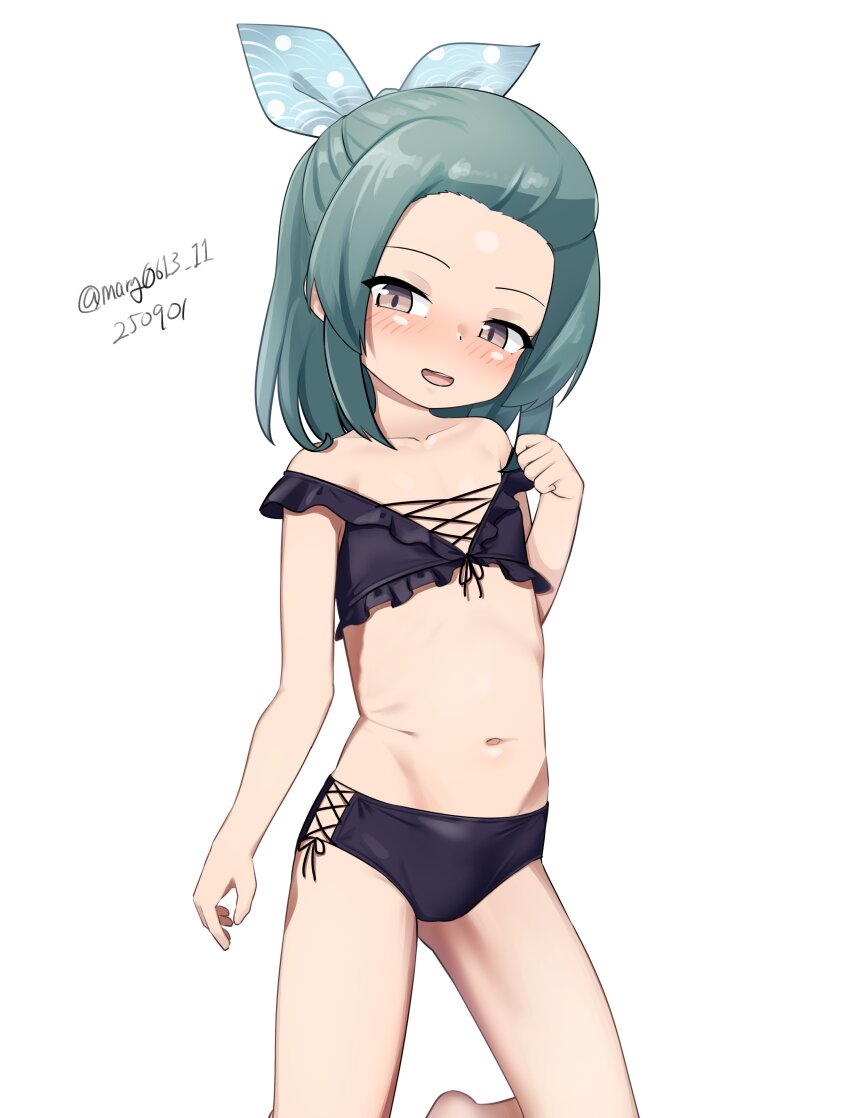 1girl, absurdres, bikini, black_bikini, criss-cross_straps, dated, flat_chest, forehead