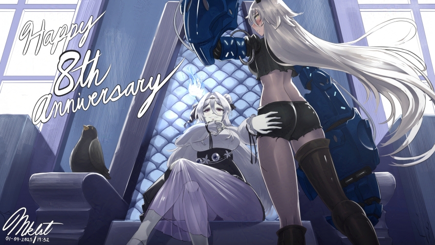 2girls, anniversary, arbiter_strength_viii_(azur_lane), arbiter_the_empress_iii_(azur_lane), ass, asymmetrical_legwear, azur_lane, bird