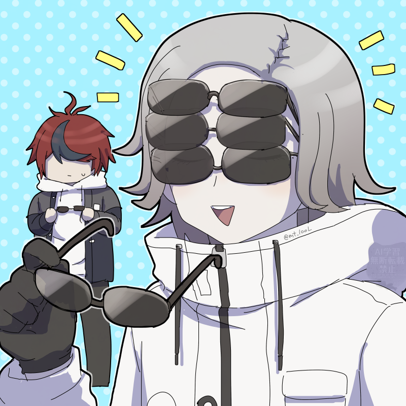 2boys, ahoge, aotsuki_eito, black_gloves, black_jacket, black_pants, black_streaks, blue_background